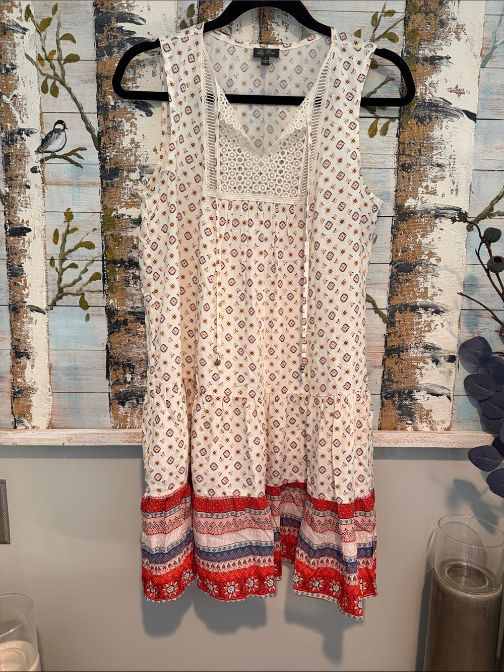 Lily Rose Ivory Sleeveless Boho Mini Dress with Red & Blue Border